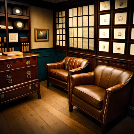Luxury living room with leather armchairs and bookcase.の素材