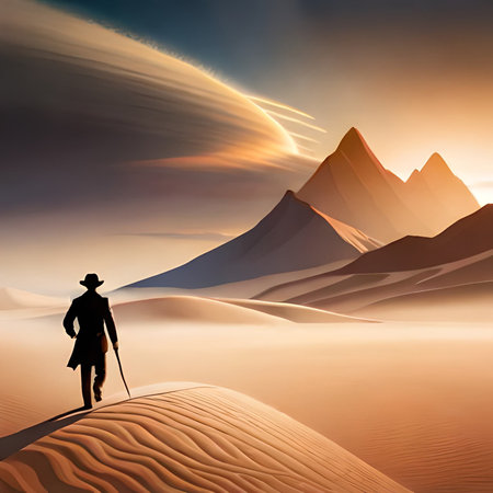 Silhouette of a man walking in the desert. 3d renderingの素材