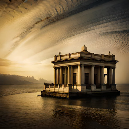 Beautiful seascape with an ancient pavilion on the water.の素材