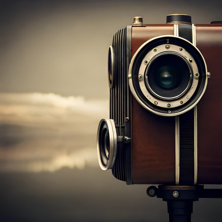 Vintage camera on the background of the sea and sky. Toned.の素材