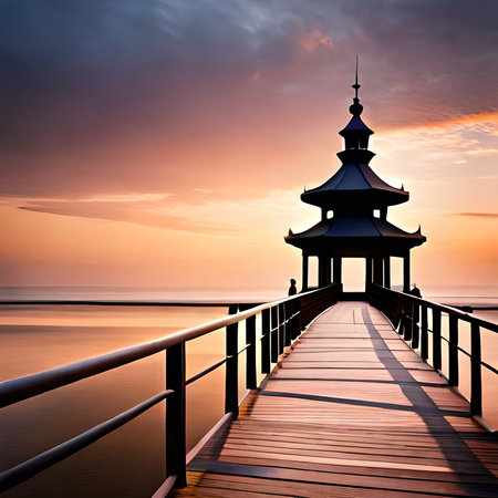 Wooden pier and pavilion at sunset in Bali, Indonesiaの素材