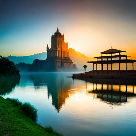 Beautiful sunrise at Putrajaya Temple, Putrajaya, Malaysiaの素材