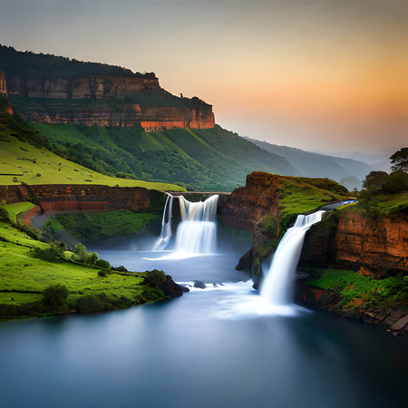 Waterfall in the mountains at sunset. The concept of active and photo tourismの素材