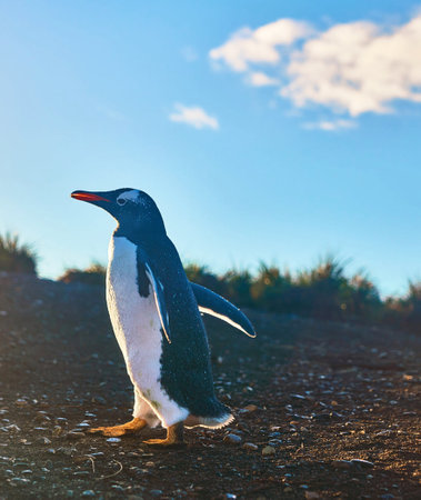 Gentoo penguin walking on the ground in the sunset lightの写真素材