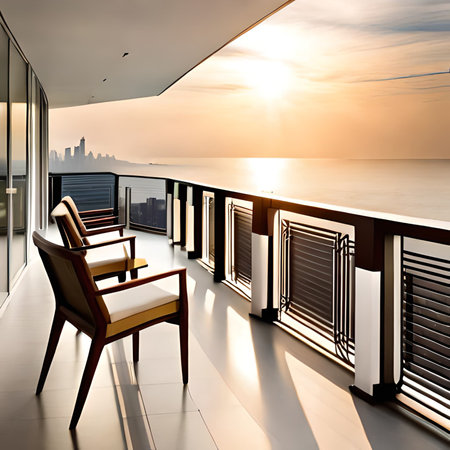 Luxury balcony overlooking the city at sunset. 3d renderingの素材