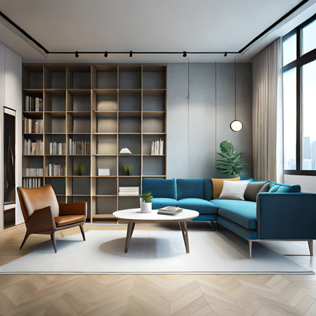 Interior of modern living room with gray walls, wooden floor, blue sofa standing near coffee table and bookcase. 3d renderingの素材