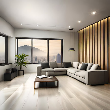 Modern living room interior design with sofa and panoramic city viewの素材