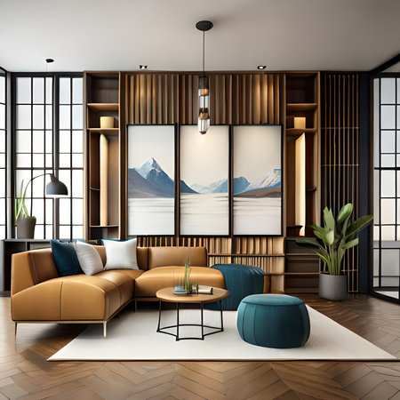 Interior of modern living room with wooden walls, wooden floor, brown sofa with cushions and coffee table. 3d renderingの素材
