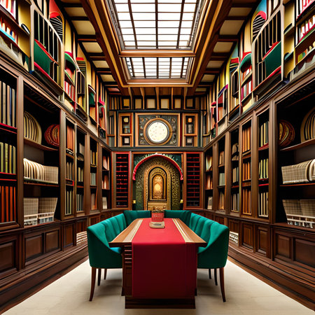 3D rendering of the interior of a library with bookshelvesの素材