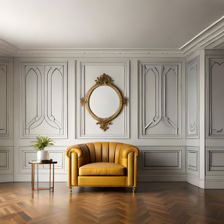 Classic interior with golden armchair and mirror. 3d render illustrationの素材