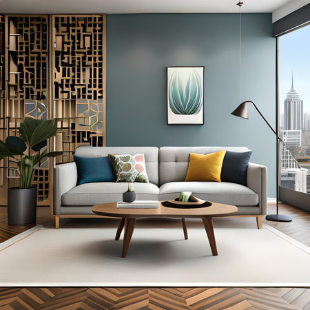 Interior of modern living room with blue walls, wooden floor, comfortable sofa and coffee table. 3d renderの素材