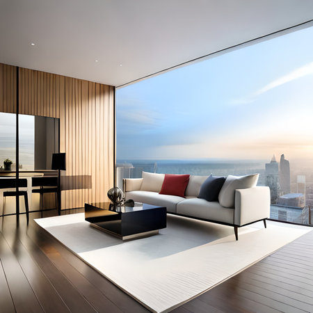 Modern style living room with panoramic view of New York Cityの素材