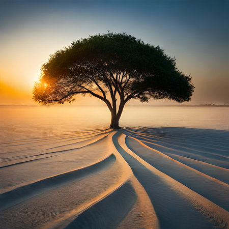 Tree on the beach at sunset. Beautiful natural landscape. Toned.の素材