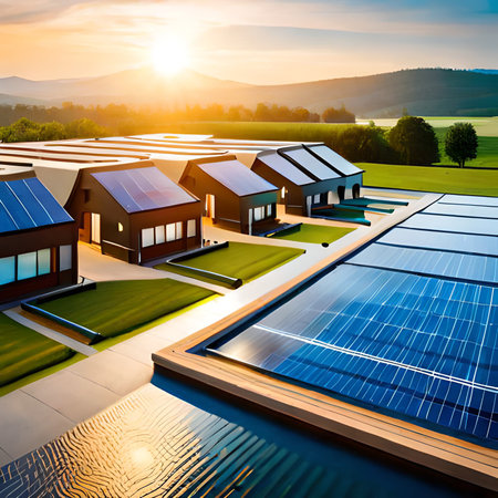 Solar panels on the roof of a house with a beautiful landscape.の素材