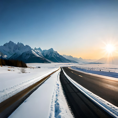 Beautiful winter landscape with snow-covered road in the mountains at sunsetの素材
