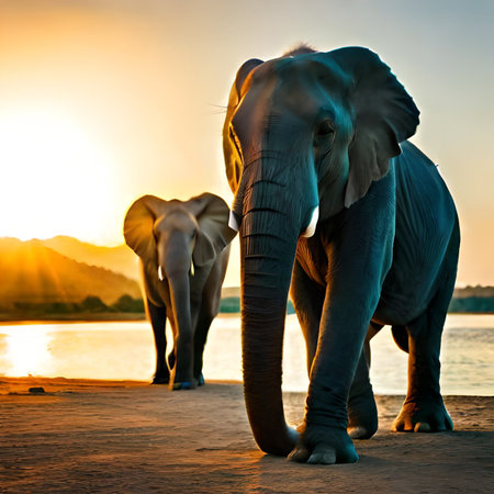 Elephants at sunset on the banks of the river. Sri Lankaの素材
