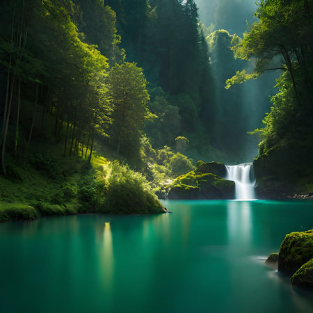 Beautiful waterfall in the forest with green water and sun rays.の素材