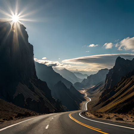 Road in the mountains with sun rays and clouds. Artistic style.の素材