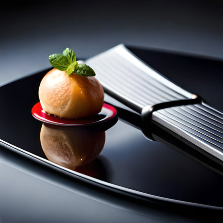 Dessert on a black plate with a knife on a black backgroundの素材