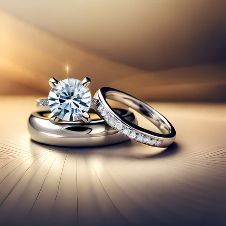 Wedding rings on a background of gold and silver. 3D renderingの素材