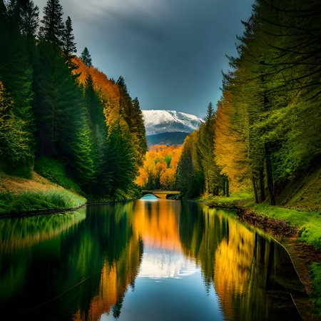 Fantastic view of alpine lake in autumn. Dramatic overcast sky. Beauty world.の素材