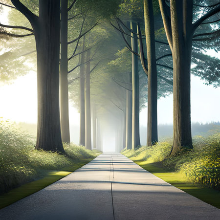 Pathway in a beautiful green forest with trees and fog at sunriseの素材
