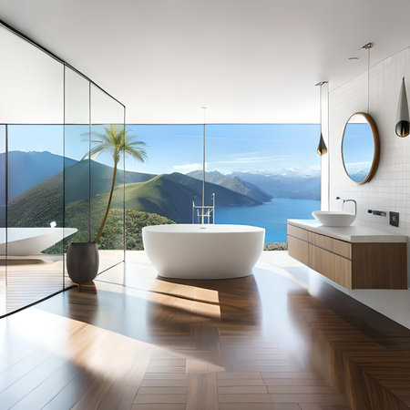 Interior of modern bathroom with white walls, wooden floor, comfortable white bathtub standing near the window and mountain view. 3d renderingの素材