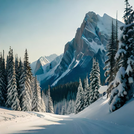 Beautiful winter landscape with snow covered fir trees in the mountains.の素材