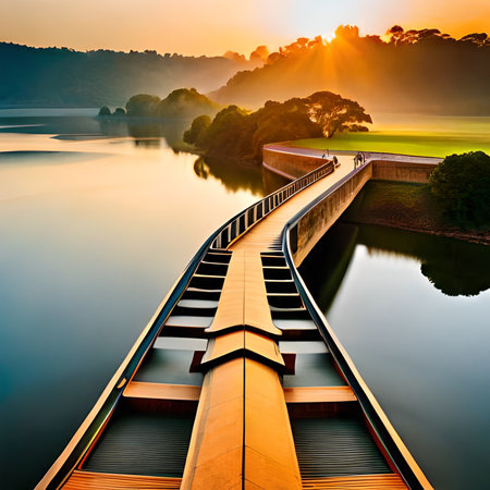 Landscape view of a bridge over the river at sunrise, Thailand.の素材