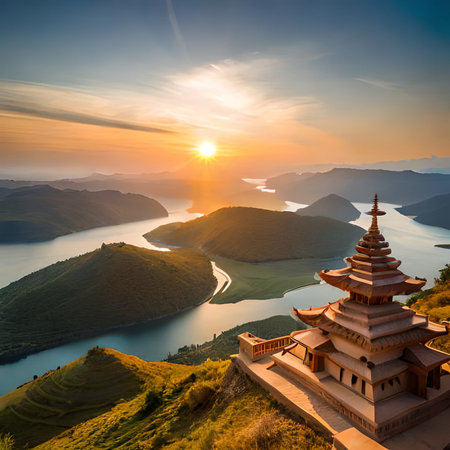 Beautiful sunrise over the lake and pagoda in Lantau Island, Hong Kongの素材