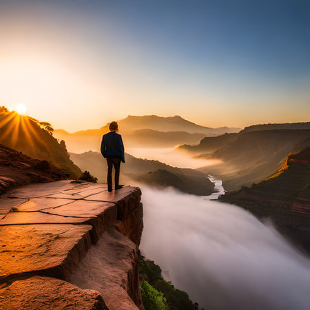 Silhouette of a hiker standing on a cliff and looking at the sunrise over the Grand Canyon in Arizonaの素材