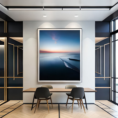 Interior of modern dining room with white walls, wooden floor, long wooden table with black chairs and vertical poster on the wall. 3d rendering mock upの素材