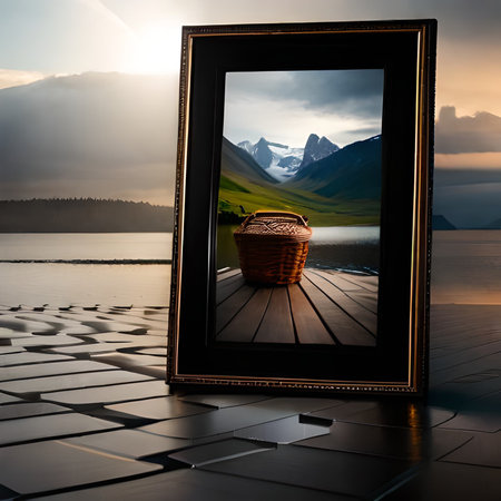 Wicker basket on the background of a mountain landscape in a photo frameの素材