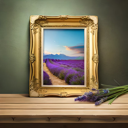 Lavender flowers with golden frame on wooden table over green wallの素材