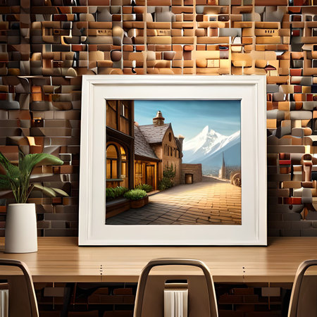 Wooden table with picture frame on brick wall background. 3D renderingの素材