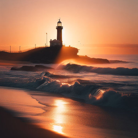 Lighthouse on the beach at sunset, San Sebastian, Galicia, Spainの素材