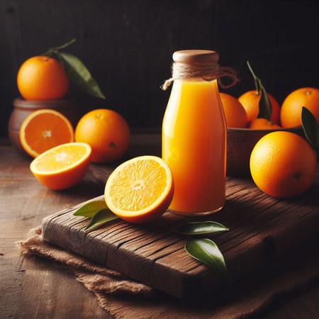 Fresh orange juice in a glass bottle with fresh fruits on wooden backgroundの素材
