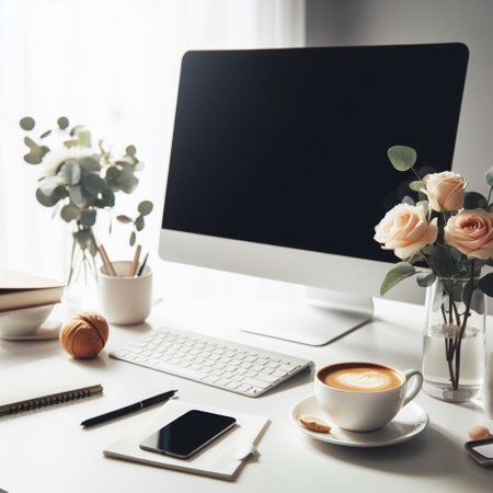 Workplace with computer, coffee cup, smartphone and flowers in vaseの素材