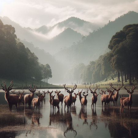 Deer in the morning mist at Chiangrai, Thailandの素材