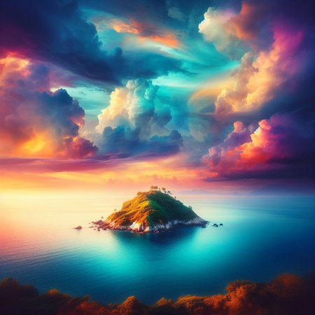 Beautiful seascape with island in the sea at sunset.の素材