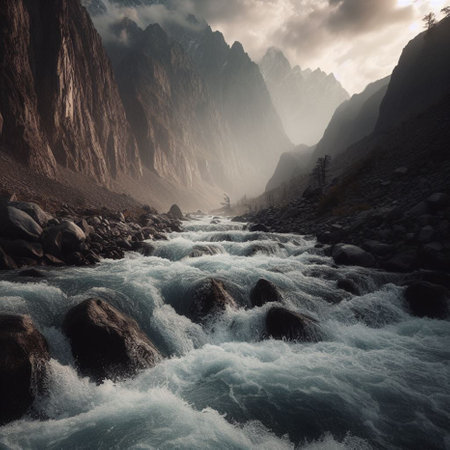 Mountain river in the Himalayas at sunset. Nepal. Toned.の素材