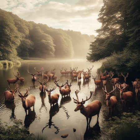 Majestic Red Deer (Cervus elaphus) herd in a lake at sunrise.の素材
