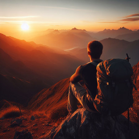 Hiker sitting on top of mountain and enjoying the view at sunriseの素材