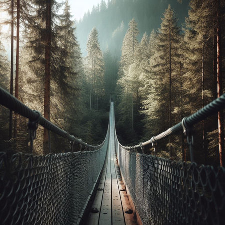 Suspension bridge in the misty forest. Filtered image.の素材