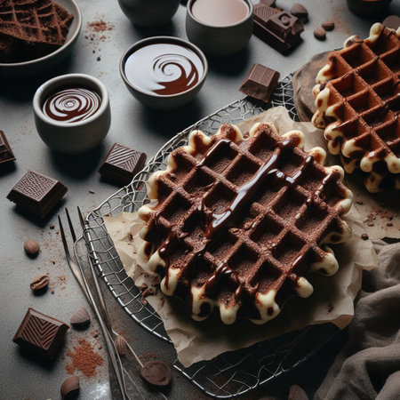 Homemade belgian waffles with chocolate and marshmallows on dark backgroundの素材
