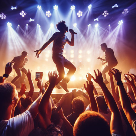 Concert crowd with hands raised at a music festival or live concertの素材
