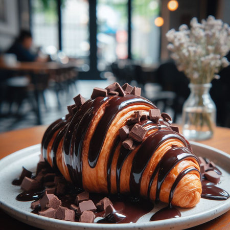 Chocolate croissant on table in coffee shop, stock photoの素材