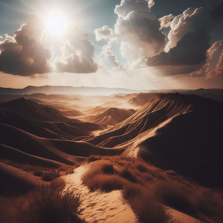 Mountain landscape. Sand dunes. Sunset. 3d renderの素材