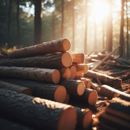 Pile of firewood in the forest at sunset. Nature background.の素材