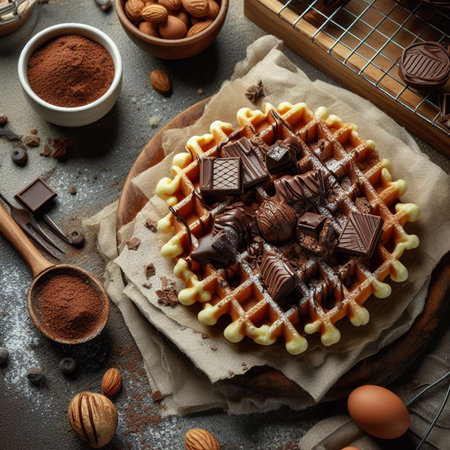 Belgian waffles with chocolate and cocoa powder on rustic backgroundの素材